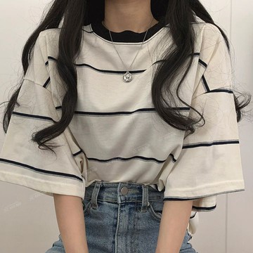 棉條紋短袖T恤女新款大碼夏季韓版寬鬆設計感中長款大尺碼短袖T恤
