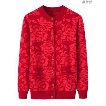 秋冬新款中老年羊絨開衫女媽媽圓領針織寬松加厚大花奶奶毛衣外套