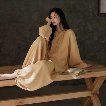 春秋睡衣 燈籠袖睡衣女 寬鬆大碼睡衣 新中式家居服 帶胸墊睡衣 可外穿家居服 睡衣女 家居服女 舒適睡衣 睡衣兩件套