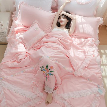 公主風空調被夏涼被四件套夏季冰絲水洗真絲薄被子絲滑涼感可機洗