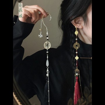 新中式古舊銅錢長款流蘇耳掛 女招財無耳洞耳環 古風誇張耳飾 男復古古裝耳飾 耳飾 耳環 耳掛 無耳洞耳飾耳掛