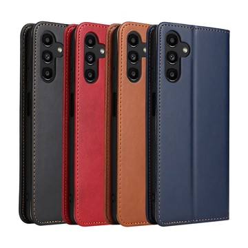 Fierre Shann 真皮紋 Samsung A13 5G (6.5吋) 錢包支架款 磁吸側掀 手工PU皮套保護殼-紅色