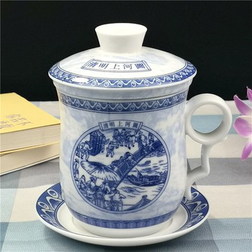 陶瓷青花杯清明上河圖帶蓋過濾水杯復古家用泡茶杯禮品辦公室杯子