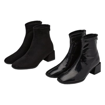 【Grace Gift】靴子 短靴 襪靴【直腿濾鏡方頭絨面/漆皮車線中跟襪靴】2色 35-40號