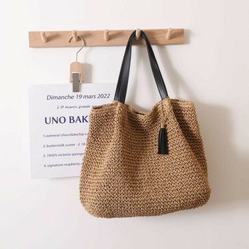 【巴黎精品】現貨秒發 草編包手提包渡假風單肩側背包大容量流蘇編織包-法式復古黑流蘇女包包2色a1hb42