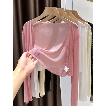 粉色豎紋冰絲網紗防曬開衫女夏季吊帶裙外搭罩衫新款披肩外套上衣