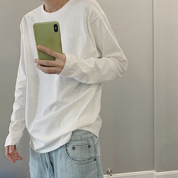 dannyandzee春季復古百搭黑白灰情侶薄棉純色圓領打底衫長袖T恤男