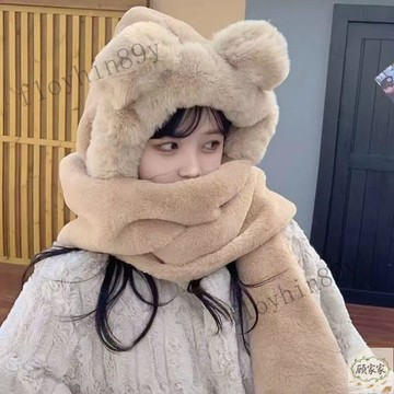 帽子圍巾手套💯大頭圍冬季小熊帽子 冬天毛茸茸可愛女高顔值百搭連帽 手套防寒保暖圍巾帽 小熊帽子四件套 保暖雪帽 防寒帽