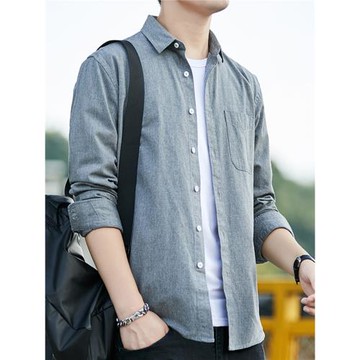 秋季男士純棉磨毛長袖襯衣寬松休閑純色青年上衣商務襯衫外套大碼