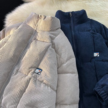 燈芯絨外套 加厚外套 外套男 男生保暖外套 燈芯絨棉服男款加厚牌立領棉衣情侶外套美式複古藏藍色棉襖  保暖外套 冬天外套