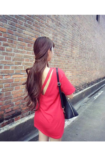 春夏新款大碼露背交叉帶連衣裙寬松顯瘦性感連衣裙短袖高腰1入