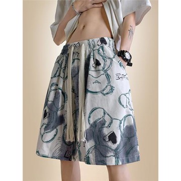 小熊涂鴉短褲男夏季薄款透氣速干五分褲子潮牌休閑寬松沙灘運動褲