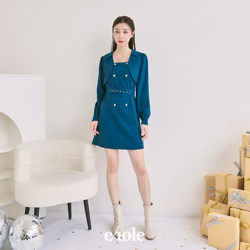 氣質假兩件雙排釦短洋裝-藍綠