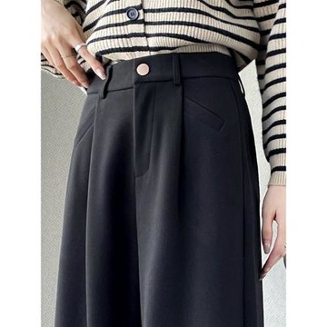 黑色高腰毛呢西裝闊腿褲女加厚春秋2026新款小個子微喇直筒休閑褲