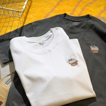 Upch 探索一個神秘的宇宙。休閑上衣日系簡約貓咪刺繡短袖純棉男