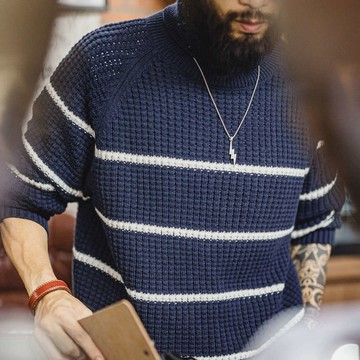 馬登工裝 美式復古條紋插肩袖毛衣高領針織鳳梨紋加厚保暖外穿男冬