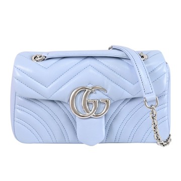 GUCCI 837280 GG Marmont 絎縫皮革翻蓋肩背/斜背鏈帶包.天藍