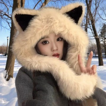 加厚毛絨絨狐狸耳朵帽子圍巾一體秋冬季防寒保暖雷鋒帽護頸顯臉小 毛絨帽子圍巾一體騎車 毛線帽 針織帽 毛帽 可愛毛帽 保暖