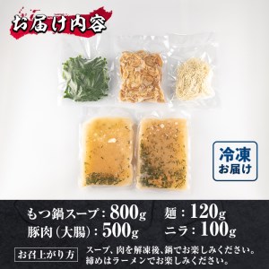 九州産豚ホルモン もつ鍋 締めのラーメン付き セット (もつ鍋スープ800g、豚大腸500g、麺120g、ニラ100g) 国産 大分県産 豚 ホルモン 鍋 ニラ 小分け 冷凍 味付け 大分県 佐伯市 