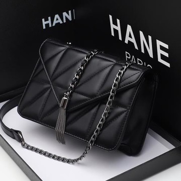 法國MK&ins包包黑色單肩包斜跨包女時尚百搭翻蓋菱格鏈條流蘇包潮