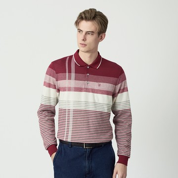 Pierre Cardin 男款 拼接條紋厚長袖POLO衫-紅色 (5255282-79)