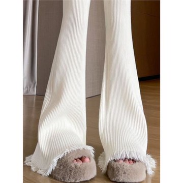 白色流蘇針織喇叭褲子秋冬裝女高腰顯瘦垂感軟糯拖地闊腿褲休閑褲