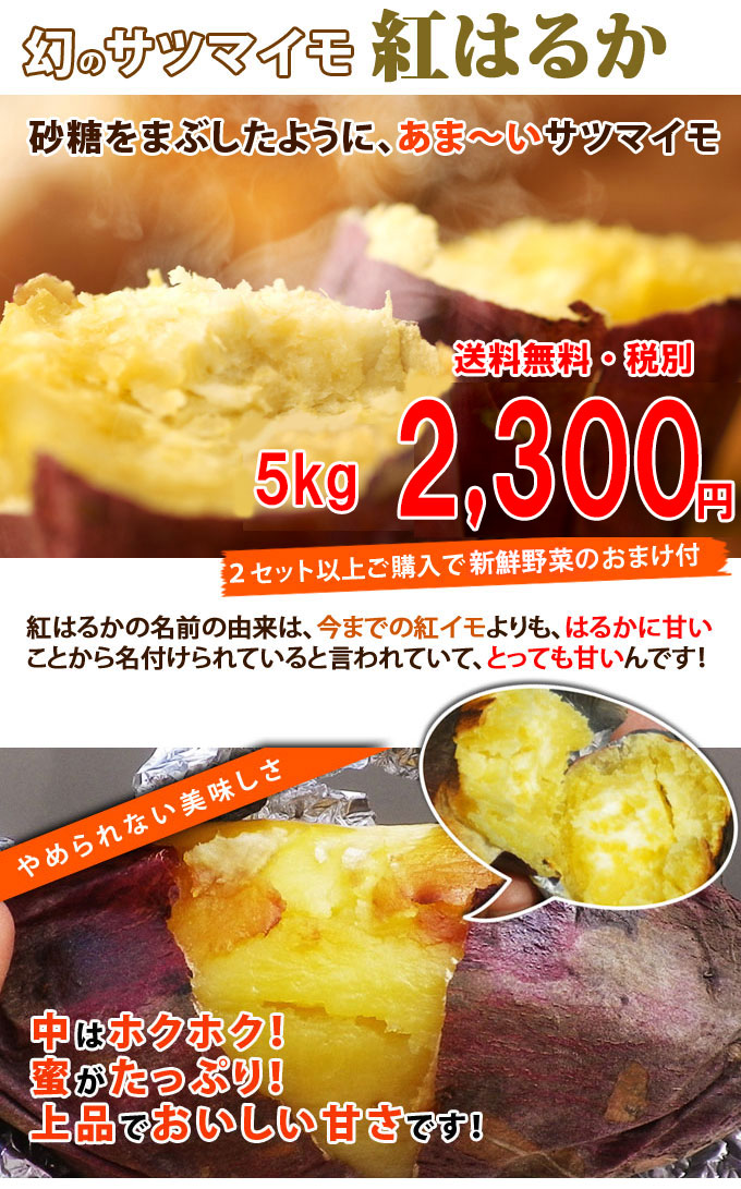 紅はるか 5kg入り 訳あり大小混合 送料無料 2セット以上のご購入で、新鮮野菜のおまけ（同一配送先に限ります)　焼き芋 に最適な 蜜芋 5営業日以内 発送可