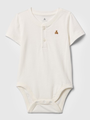 嬰兒裝 純棉小熊刺繡圓領短袖包屁衣-白色