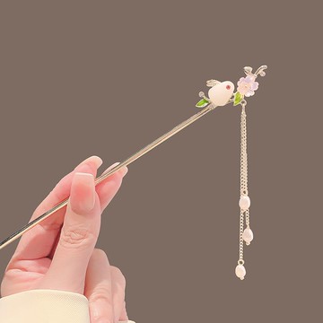 新中式花朵玉兔發簪高級感金屬短發盤發步搖流蘇古風漢服簪子發釵 z803