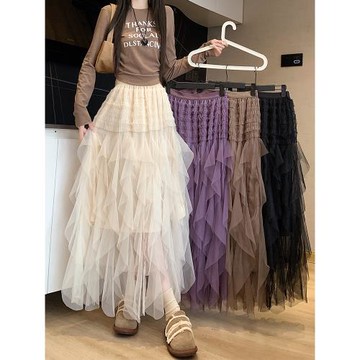 咖色蛋糕裙女網紗半身裙2025春季新款不規則A字中長款層層蓬蓬裙