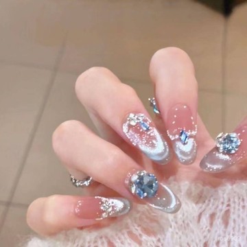 ✨Hannah✨【藍調冰晶】藍色爆閃貓眼美甲手工穿戴甲片鑲鑽寶石顯白網紅指甲美甲師千指 F9F8