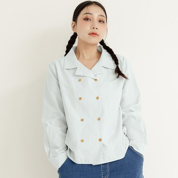 早秋個性波妞撞色條紋風衣式襯衫 中大尺碼上衣