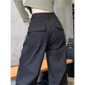 黑色美式工裝褲子女春秋款寬松顯瘦直筒運動褲高腰垂感拖地闊腿褲