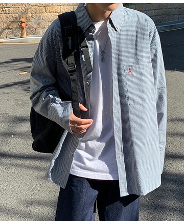 FINDSENSE X  男士 長袖  寬松 休閑 日系港風寬松長袖格紋襯衣學院風百搭襯衫