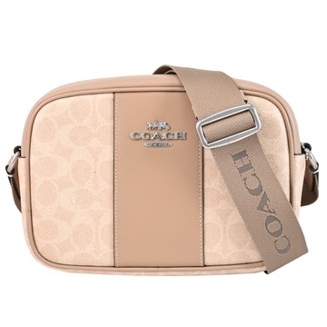 COACH CZ185 金屬馬車LOGO滿版印花皮革斜背相機包.卡其/淺褐