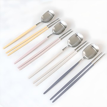 Heize Living 304不鏽鋼湯匙筷子4人份餐具組 (奶油黃+粉色+象牙白+灰色)  1組  黃油色、粉紅色、象牙色、灰色  勺子 4p + 筷子 4p