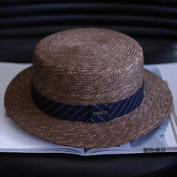 男士麥稈草平頂平沿草帽簡約紳士度假防曬英倫禮帽子女夏
