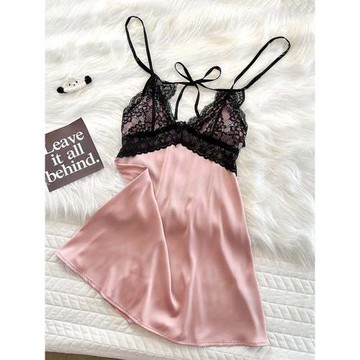 吊帶睡裙女夏季冰絲2025新款性感睡衣夏天女士蕾絲帶胸墊露背豆沙