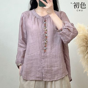初色 棉麻碎花刺繡休閒寬鬆顯瘦輕薄透氣圓領長袖襯衫上衣女上衣-共5色-35458(M-4XL可選)