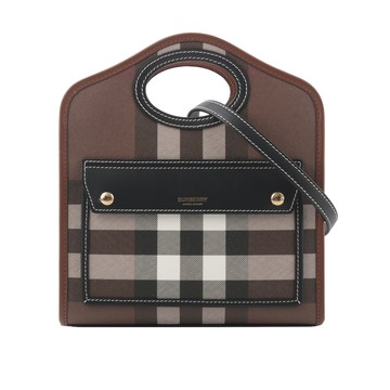 BURBERRY 格紋拼皮革手提/斜背口袋包(Mini)/暗樺木棕色