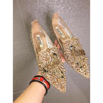 歐洲站2025春夏季新款尖頭平底百搭水鉆鉚釘透氣網沙一腳蹬單鞋女