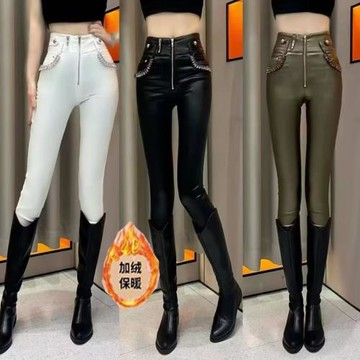 2025冬季新款韓版修身彈力高腰加絨帶鉆顯瘦皮褲小腳鉛筆褲百搭女