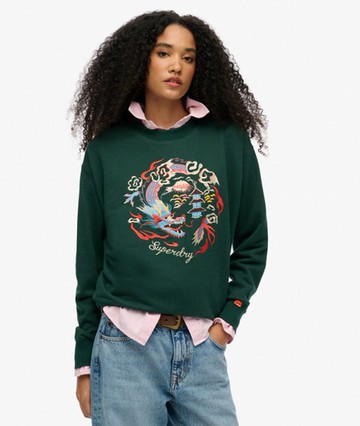 Superdry Women's Suika Embroidered Loose Crew Sweatshirt Green Size: 8