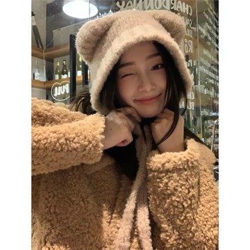 蝸牛爬爬家 可愛小熊帽耳朵毛絨帽子女秋冬保暖護耳帽針織毛線帽