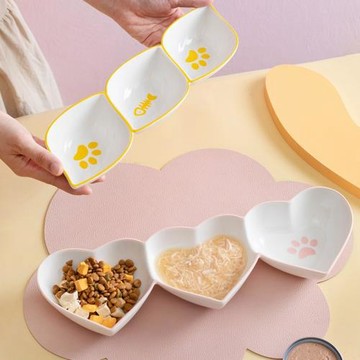 幼貓碗陶瓷三格貓碗防打翻貓食盆水碗小貓狗狗奶碟罐頭零食貓糧盤