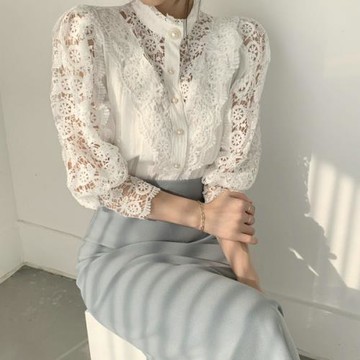 【sol.owen】韓國進口 鏤空鉤花領唯美優雅氣質七分袖襯衫