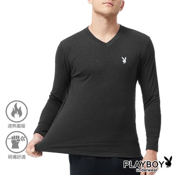PLAYBOY內刷毛透氣棉絨保暖V領長袖衫-單件(黑)