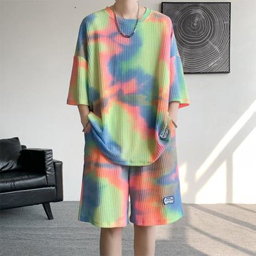 多巴胺穿搭夏季套裝男高級感潮牌短袖短褲兩件套夏裝搭配一整套薄