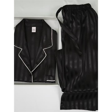 2024新款黑色條紋真絲綢緞面睡衣女春秋款冰絲長袖季家居服套裝薄