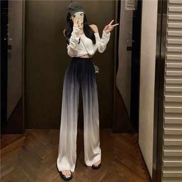 臺灣出貨 冰絲百搭闊腿褲女 漸變高腰直筒褲 垂感休閒褲 女裝 女生褲子 褲子 女生長褲 直筒長褲 高腰長褲 褲子女 長褲